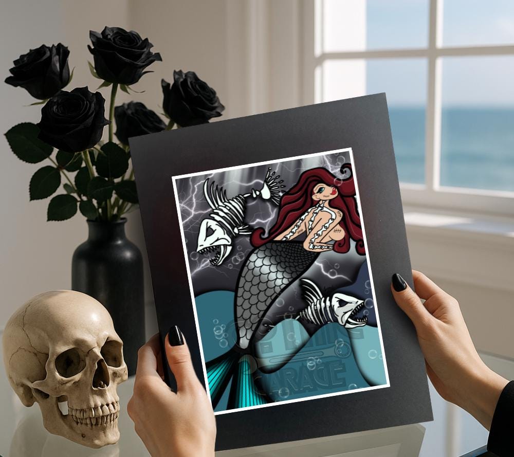 Skeleton Mermaid & Dead Sea Gothic Art Print – Haunting Red-Haired Siren with Dead Fish in Dark Ocean, 11x14 Matted Unique Decor