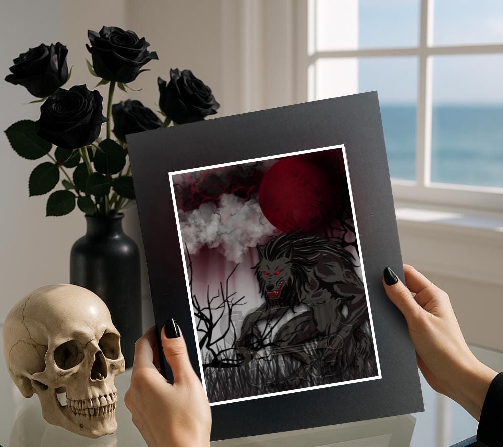 Blood Moon Werewolf Art Print – Gothic Fantasy Horror Wall Decor, 11x14 Matted or 8x10 Frameable Design