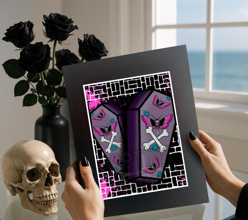 Gothic Deathhead Skull Moth Coffin Art Print – 11x14 Matted, Graffiti Brick Wall Design, Hand-Drawn & Signed Artwork