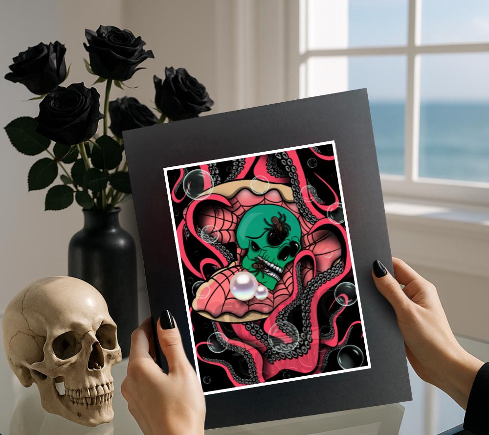Gothic Sea Skull Art Print – Spider Skull in Shell with Tentacles & Pearls