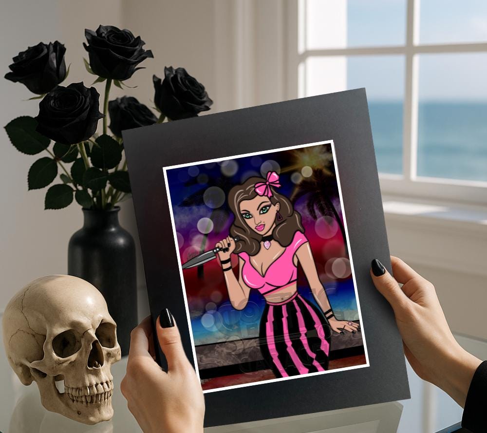 Gothic Pop Art Pin-up Art Print – Retro Dark Aesthetic & Killer Glam Vibe, Spooky Miami Beach Art, Various Hanging Options Available