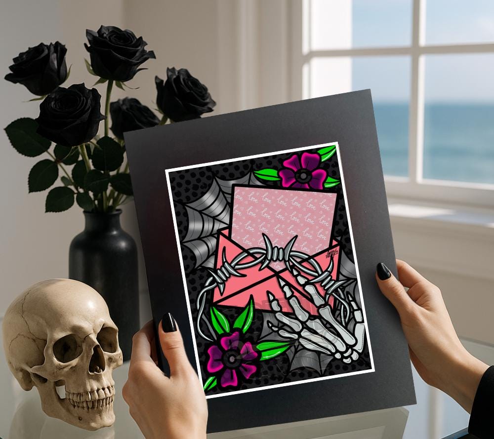 Barbed Wire Love Letter Gothic Art Print – Skeleton Hand, Dark Floral & Spider Web Design, 11x14 Matted Wall Decor
