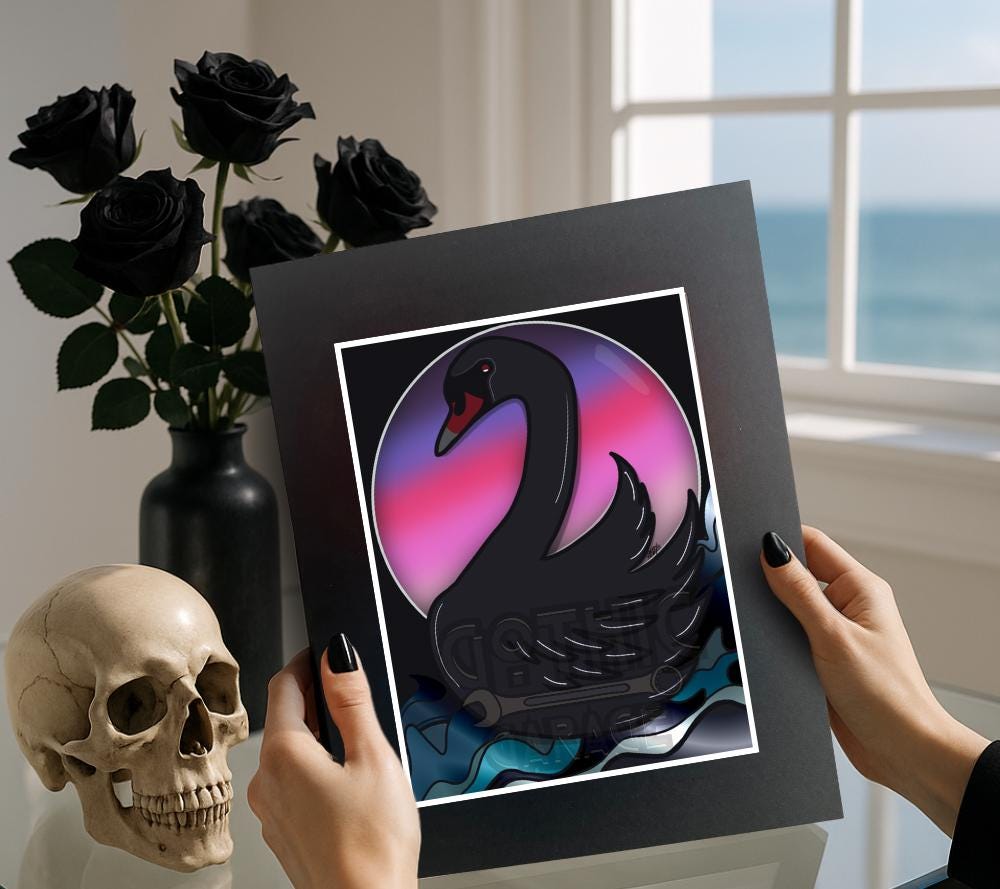 Dark Florida Pink Sunset Black Swan Art Print – 11x14 Matted, Elegant Gothic Ocean Scene, Hand-Drawn & Signed Artwork