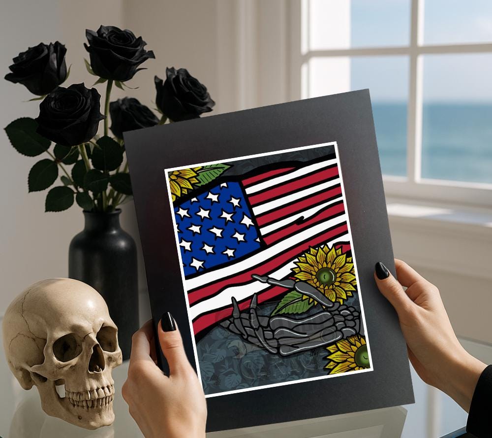 Gothic American Skeleton Art Print – 11x14 Matted, Patriotic Design with Sunflowers, Hand-Drawn & Signed Artwork