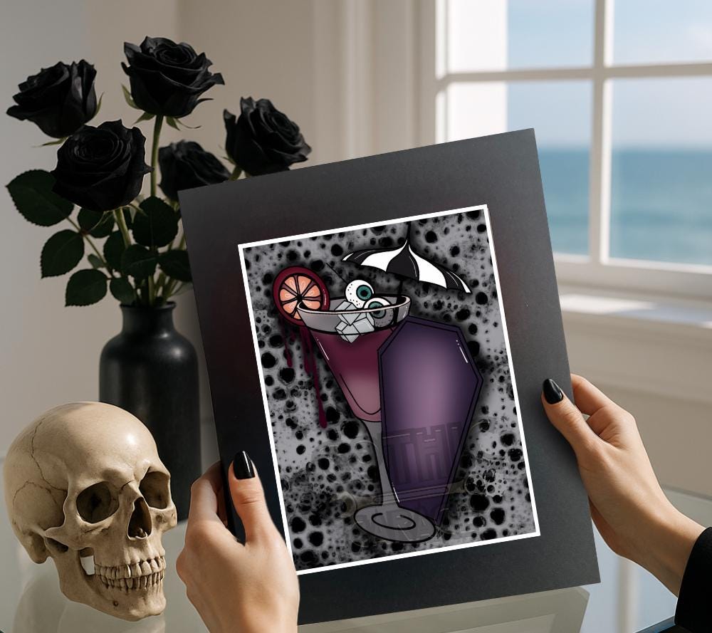 Gothic Martini Art Print - Eyeball Olives, Coffin Accent & Gothic Umbrella, 11x14 Matted, Hand-Drawn and Signed Artwork