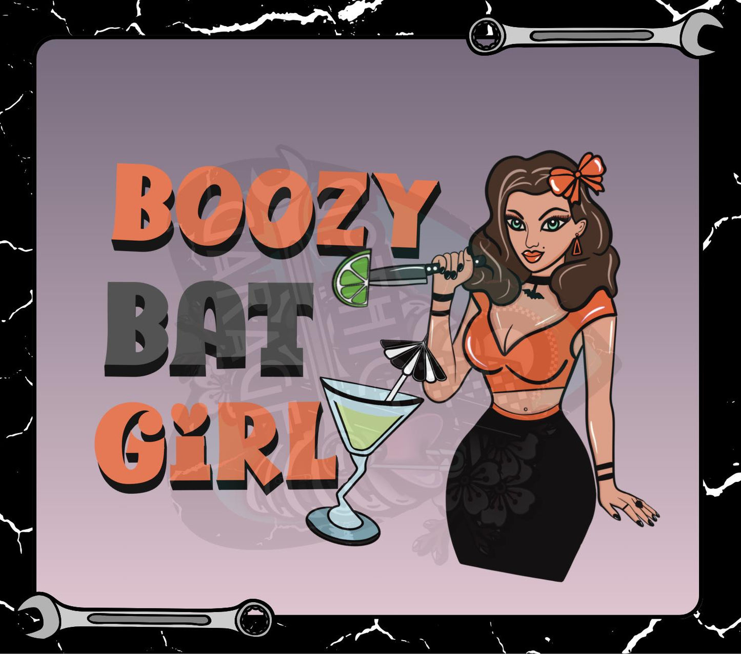 Boozy Bat Girl PNG – Retro Halloween T-Shirt Art, Cocktail Goth Sublimation Design, Digital Download File