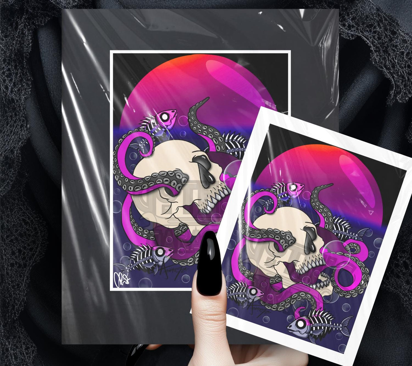 Neon Skull Octopus Art Print – Gothic Deep Sea Horror Wall Art with Tentacles & Skeleton Fish