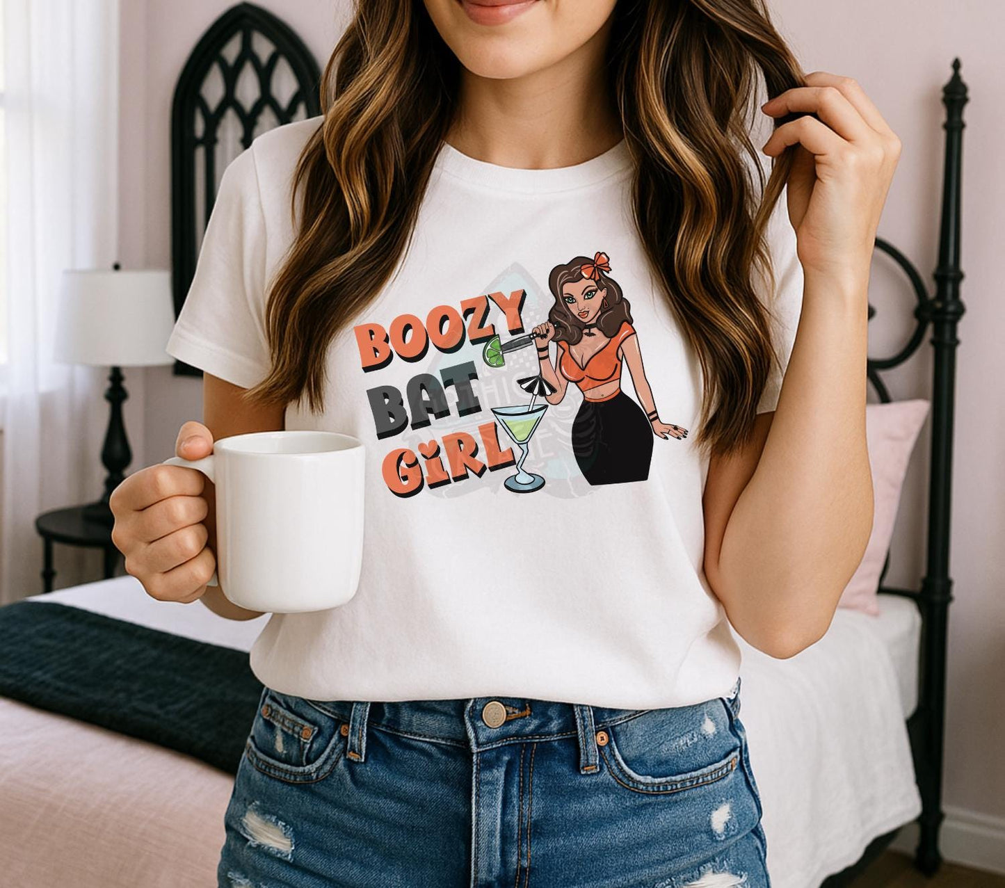 Boozy Bat Girl PNG – Retro Halloween T-Shirt Art, Cocktail Goth Sublimation Design, Digital Download File