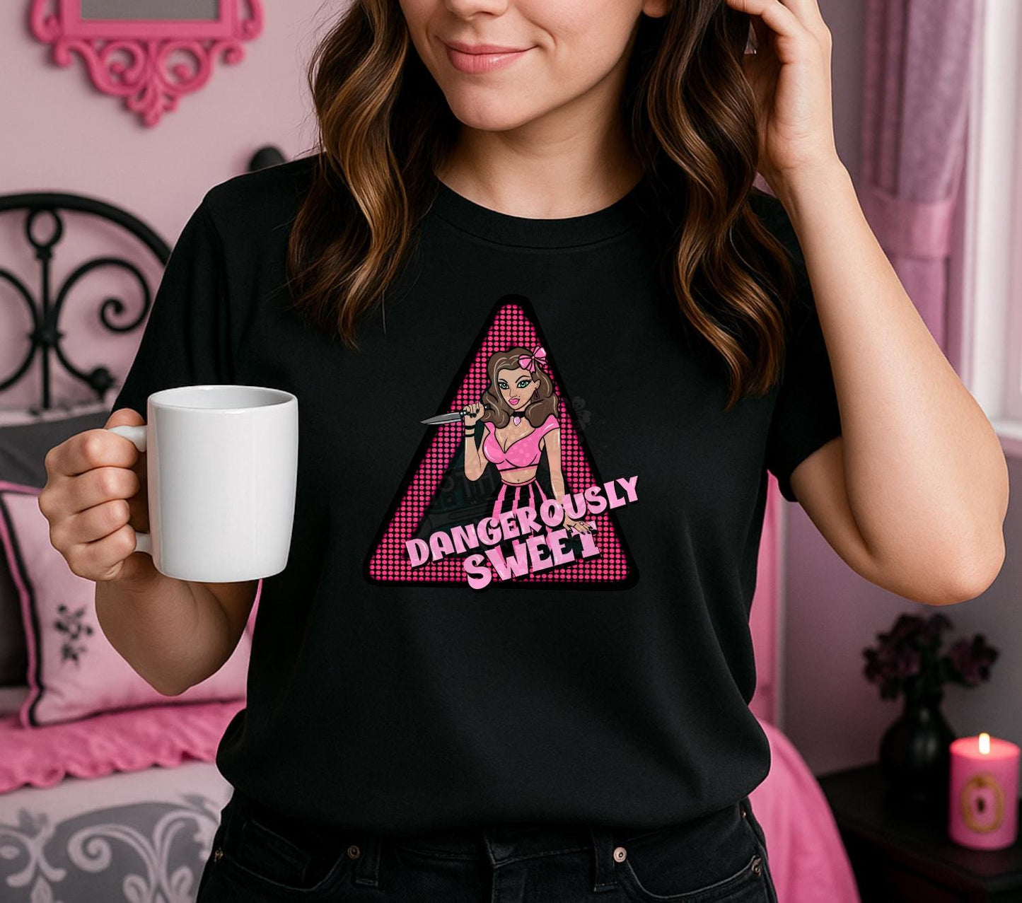 Dangerously Sweet PNG – Gothic Pin-Up Knife Girl Sublimation T-Shirt Design, Pink Retro Horror Clipart for Apparel, Digital Download