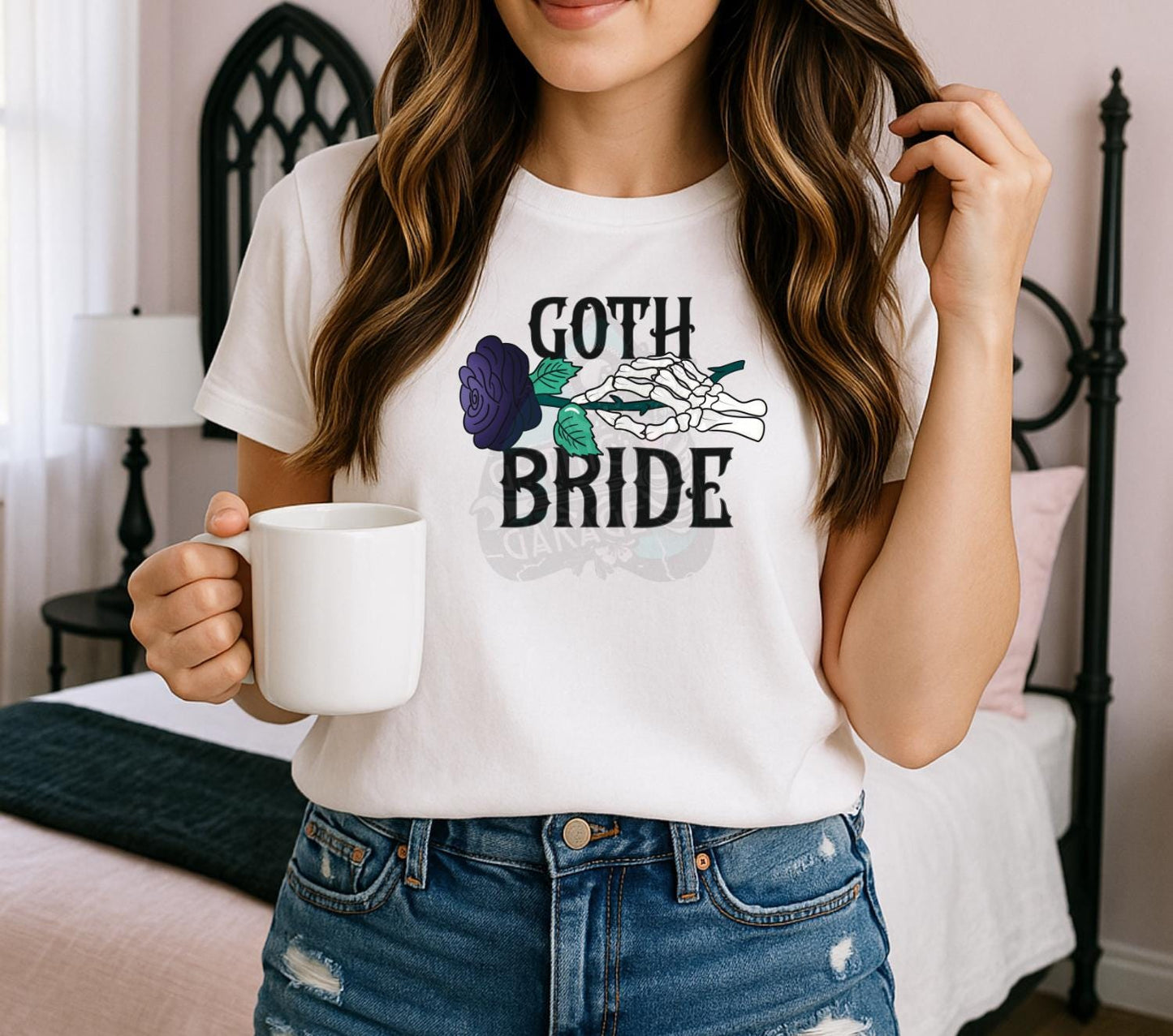Goth Bride PNG – Gothic Wedding T-Shirt Design, Skeleton Hand Clipart, Purple Rose Digital Art File