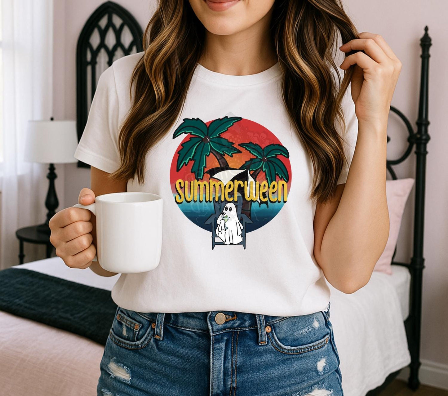 Summerween Ghost PNG – Halloween Beach Digital Art, Spooky Summer Ghost Clipart for Sublimation & T-Shirts