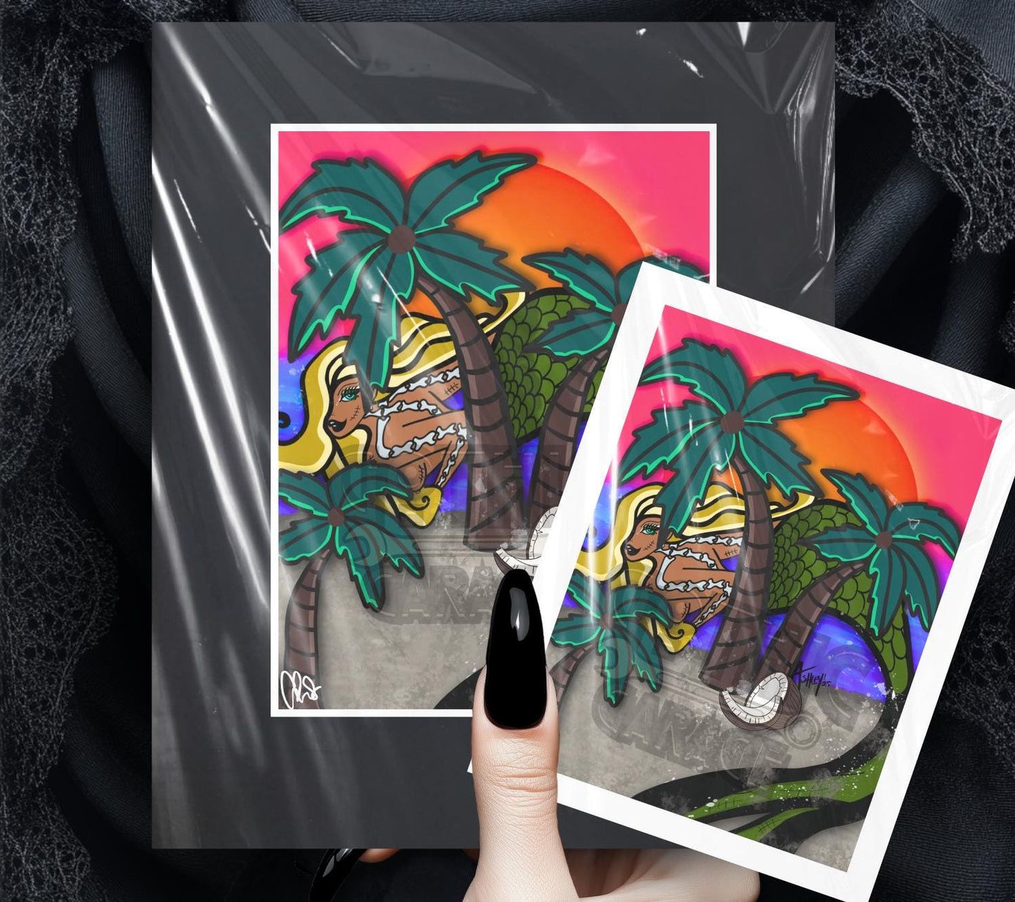 Nude Beach Goth Mermaid Art Print – Tropical Gothic Wall Decor for Alternative Home or Gallery