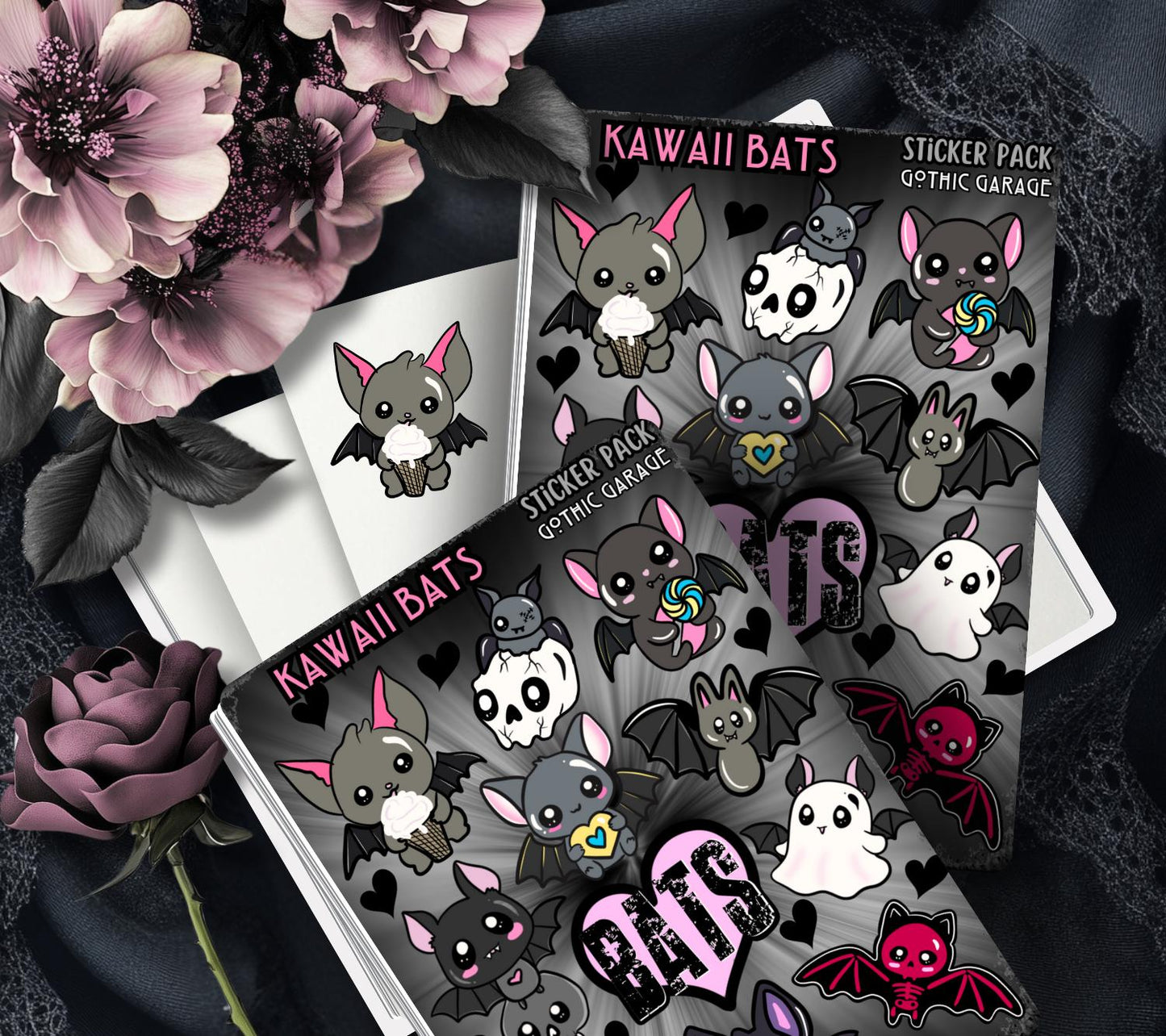 Gothic Kawaii Bats Sticker Sheets for Collecting and Scrapbooking - High-Quality, Vibrant Designs, Perfect Budget Friendly Gifts