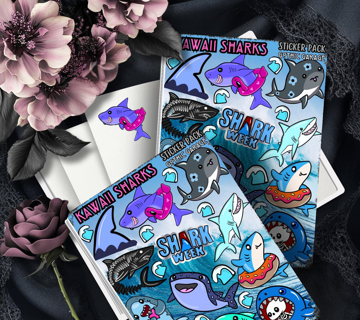 Gothic Kawaii Sharks Sticker Sheets for Collecting and Scrapbooking - High-Quality, Vibrant Designs, Perfect Budget Friendly Gifts