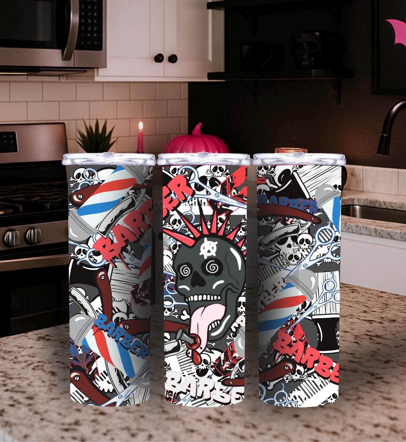 Barber Skull Tumbler Wrap – Punk Rock 20oz Skinny Sublimation PNG for Barbers & Hair Stylists