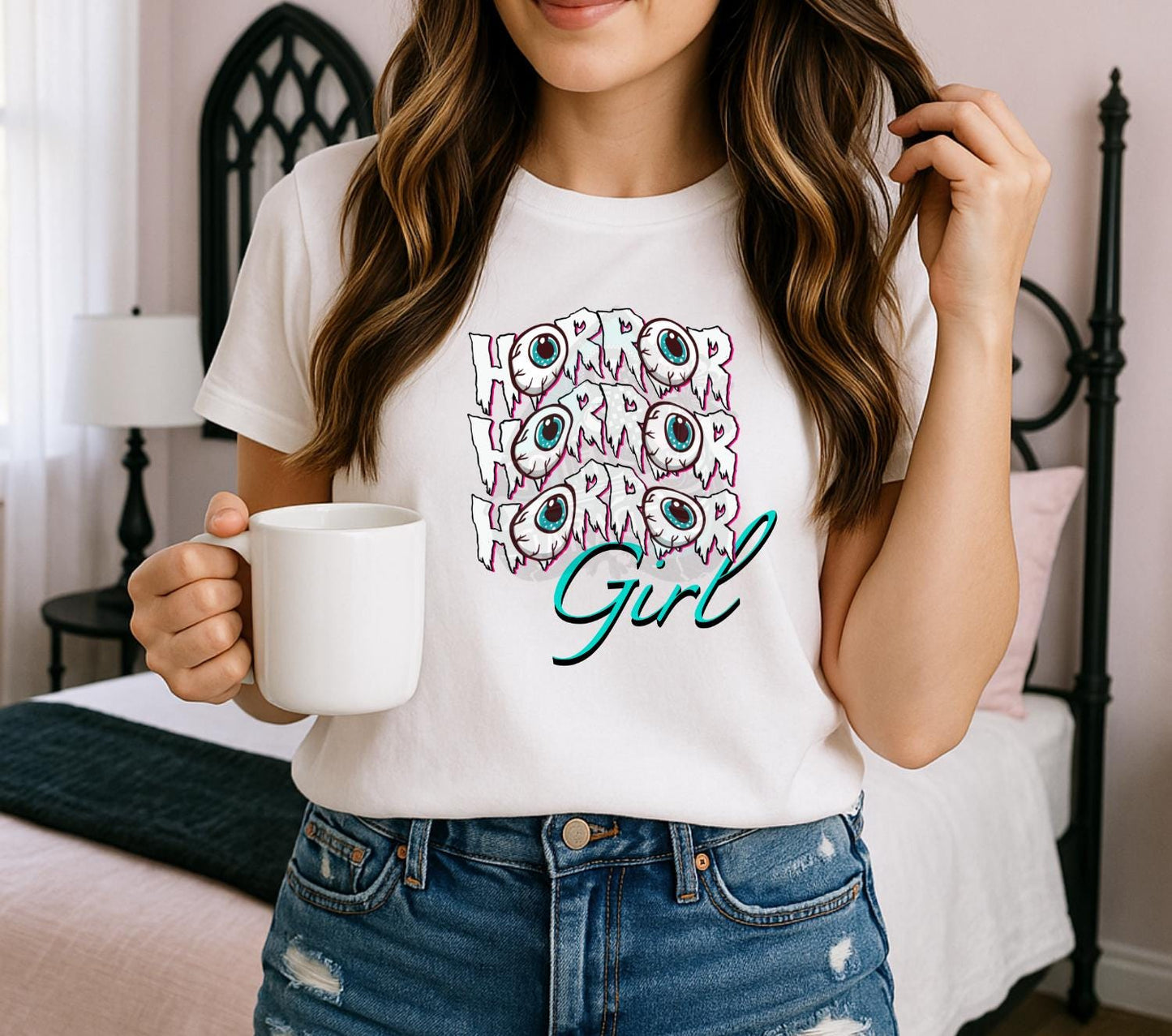 Horror Girl Digital Art – Creepy Eyeball Typography Graphic for T-Shirts & Sublimation