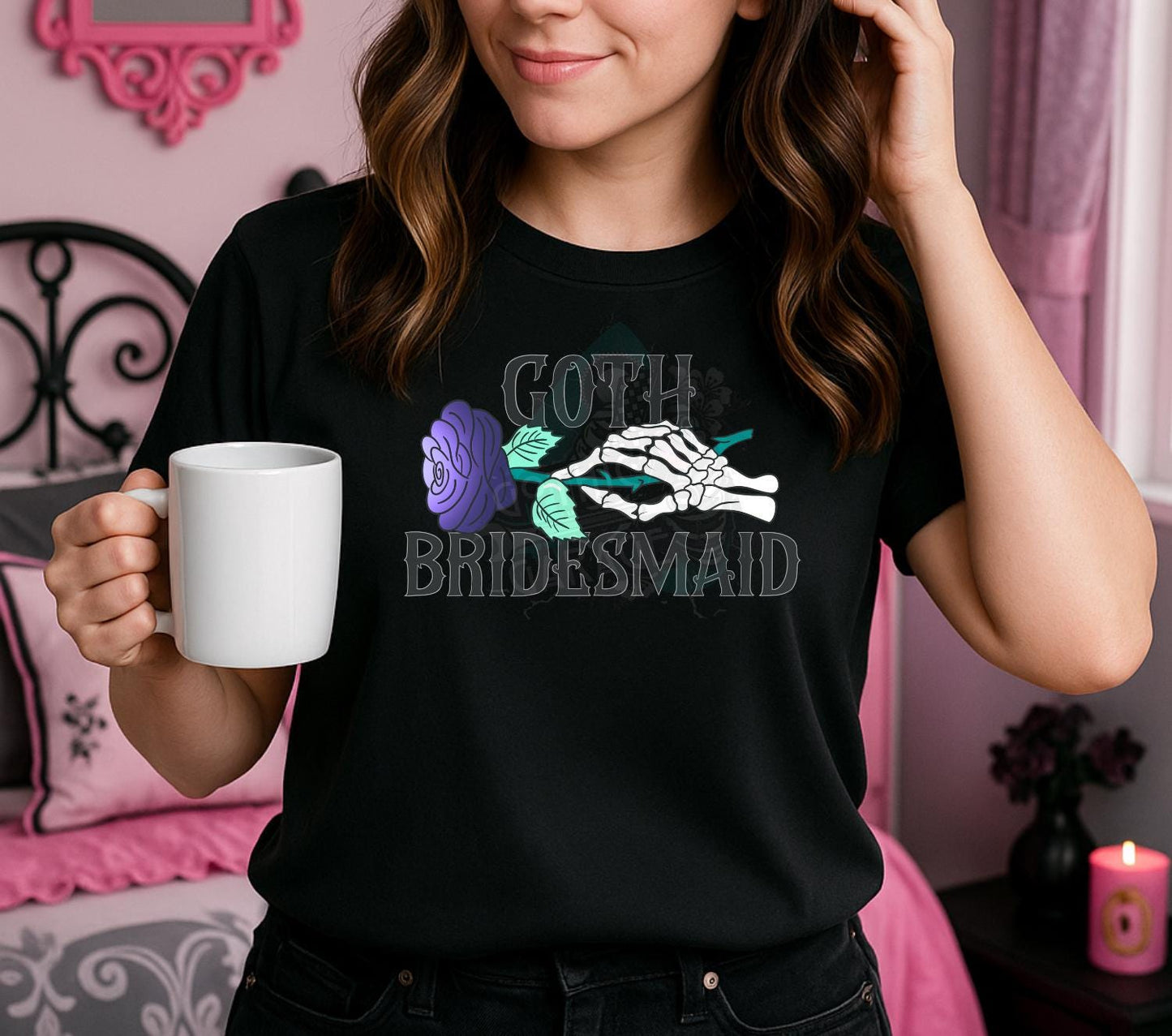 Goth Bridesmaid PNG – Gothic Wedding Party Digital Design, Skeleton Hand Clipart, Purple Rose Art File