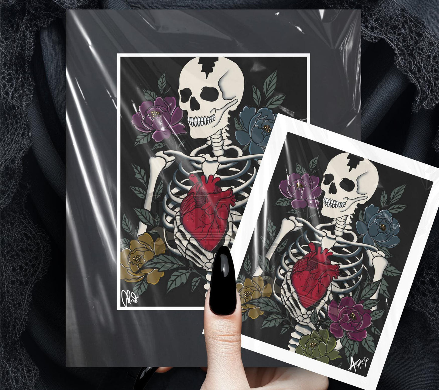 Skeleton Heart Art Print – Gothic Anatomical Wall Art with Dark Florals