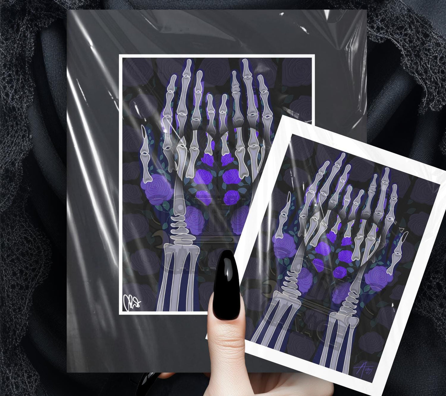 X-Ray Skeleton Hands with Purple Roses Art Print – Gothic Anatomy Wall Art | Dark Floral & Romantic Medical Illustration