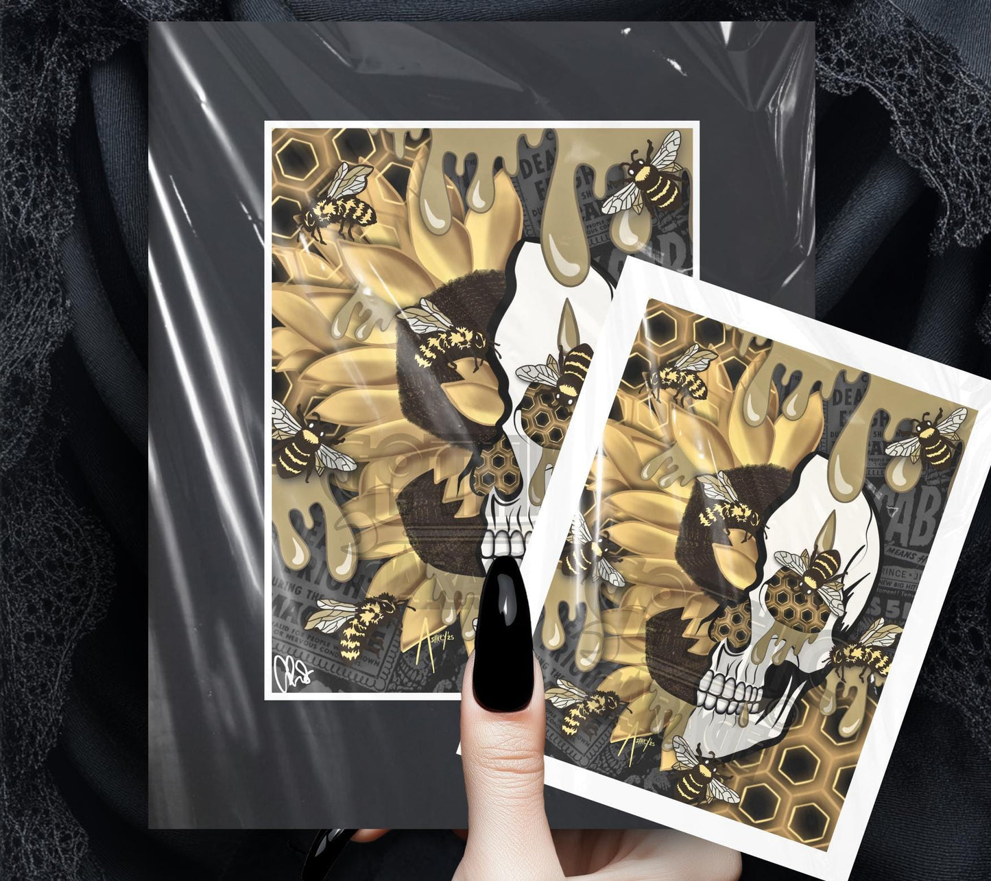 Sunflower Hive Skull Art Print – Gothic Bee & Honeycomb Wall Decor for Alternative Home or Gallery
