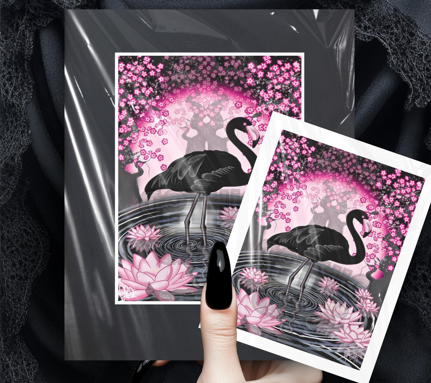 Black Flamingo Art Print – Gothic Cherry Blossom & Lotus Pond Wall Art | Pink and Black Bird Fantasy Artwork for Alternative Home Decor