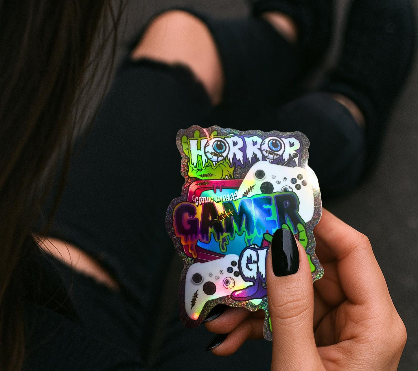 Horror Gamer Girl Sticker – Waterproof Vinyl Gaming Decal for Laptops, Consoles & Journals