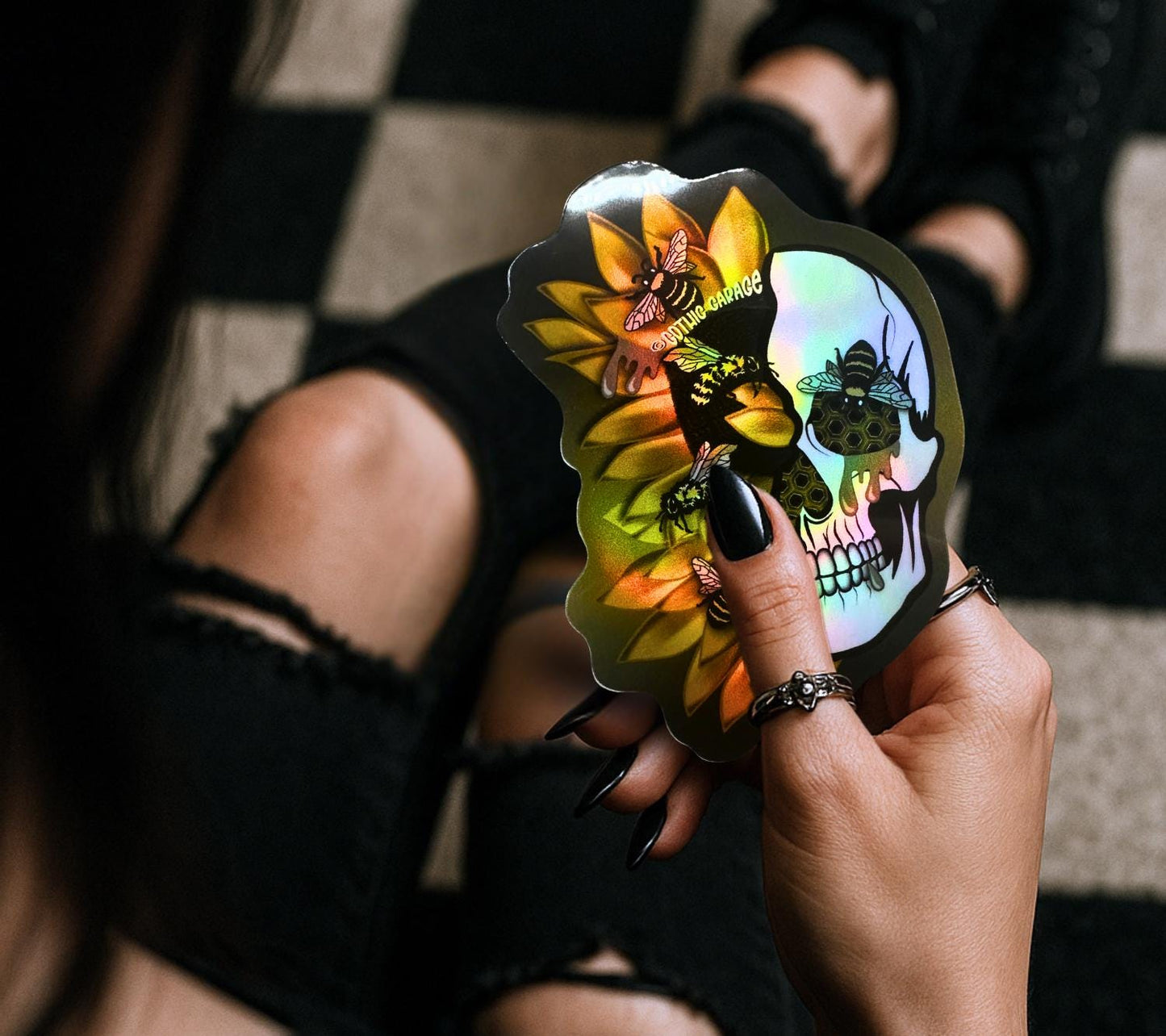 Honey Bee & Sunflower Skull Sticker – Gothic Waterproof Vinyl Decal for Laptops, Tumblers and More