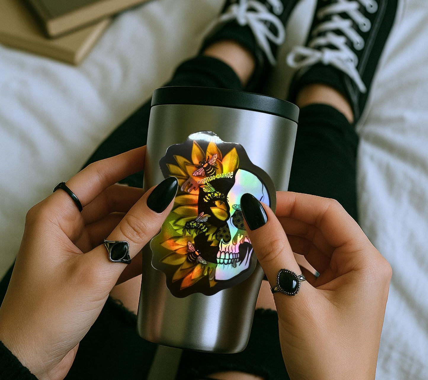 Honey Bee & Sunflower Skull Sticker – Gothic Waterproof Vinyl Decal for Laptops, Tumblers and More