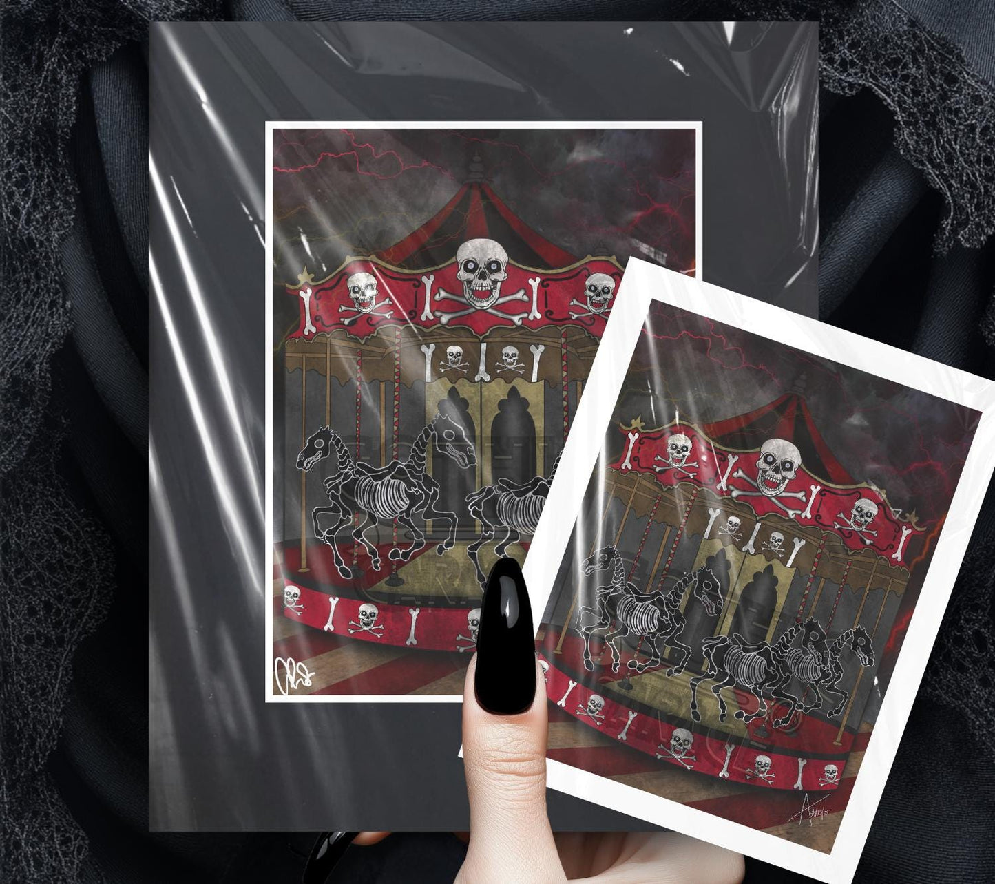 Skeleton Carousel Art Print – Gothic Dark Carnival Wall Decor with Skull Horses