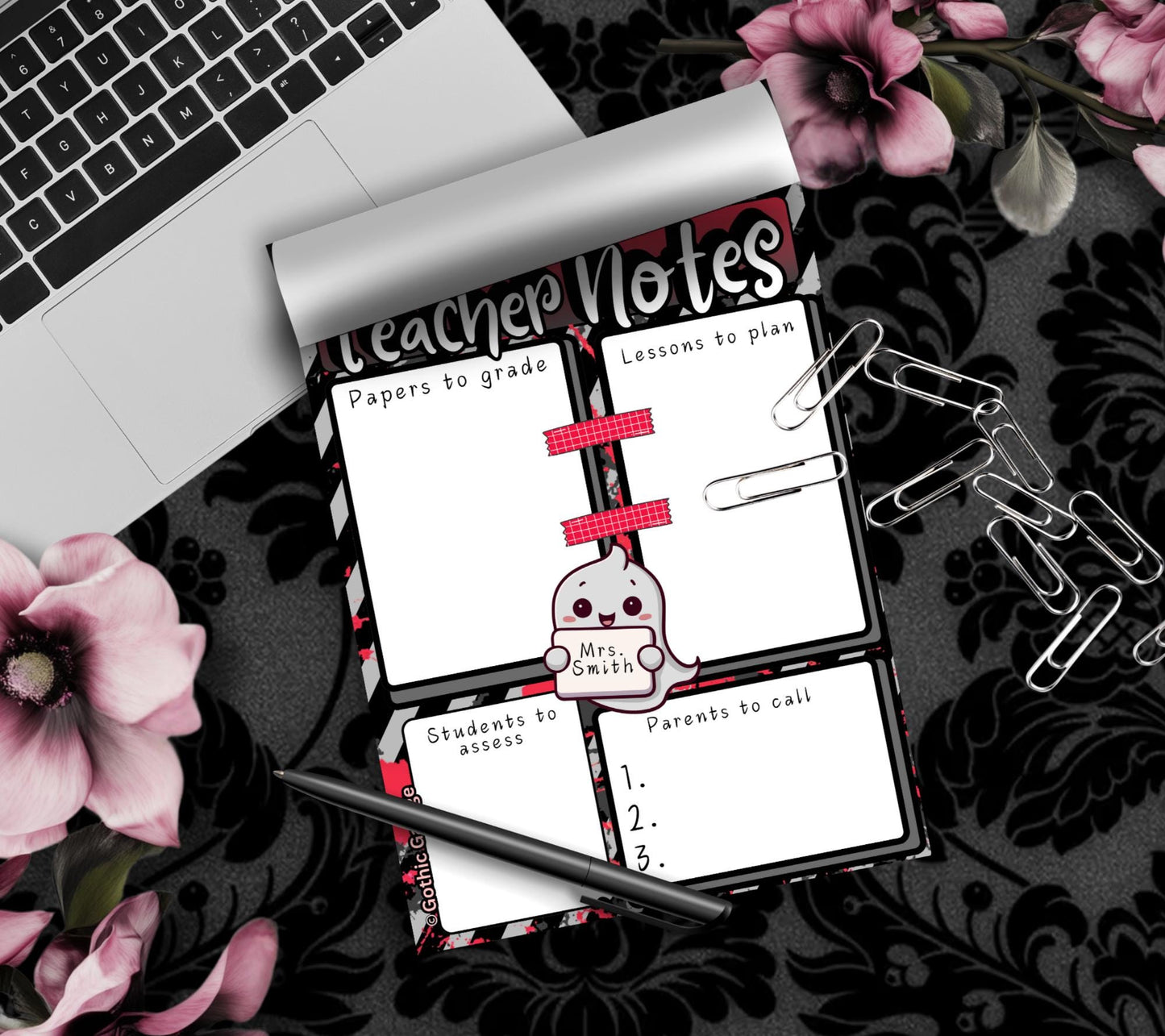 Personalized Teacher Notes Notepad – Custom Gothic Stationery Pad for Lesson Planning & Grading