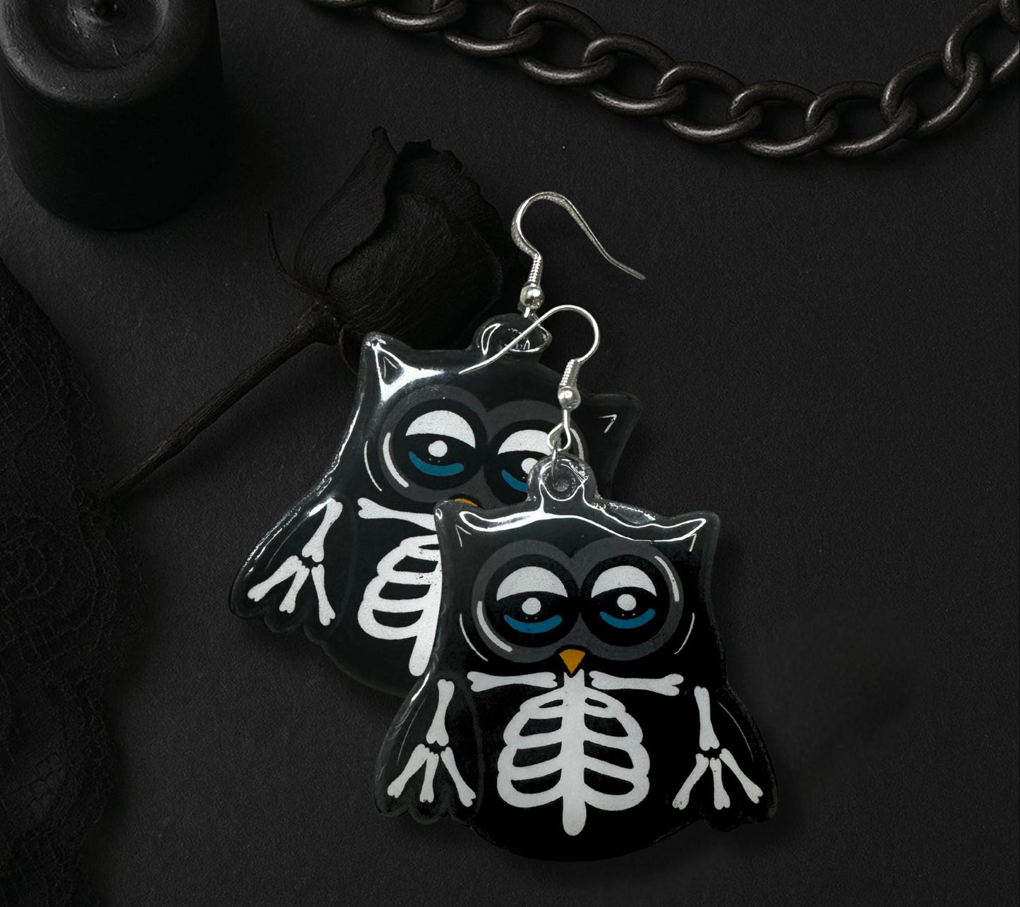 Skeleton Owl Dangle Earrings – Gothic Handmade Jewelry