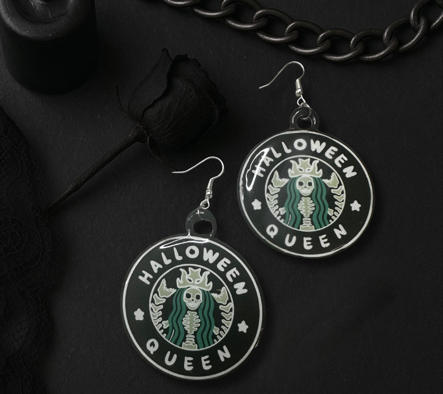 Halloween Queen Earrings – Gothic Skeleton Coffee-Inspired Handmade Dangle Jewelry