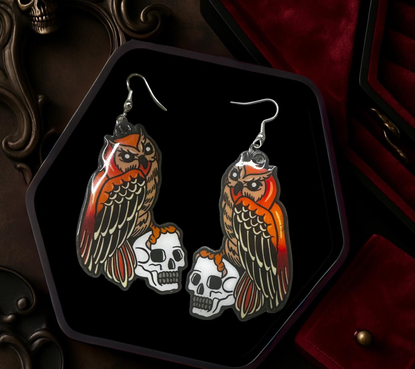 Gothic Owl & Skull Earrings – Spooky Handmade Resin Jewelry for Alt and Halloween Lovers