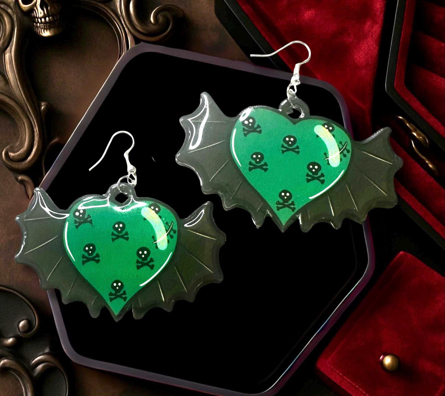 Bat Wing Heart Earrings – Gothic Green Poison Heart Jewelry for Alt & Halloween Lovers