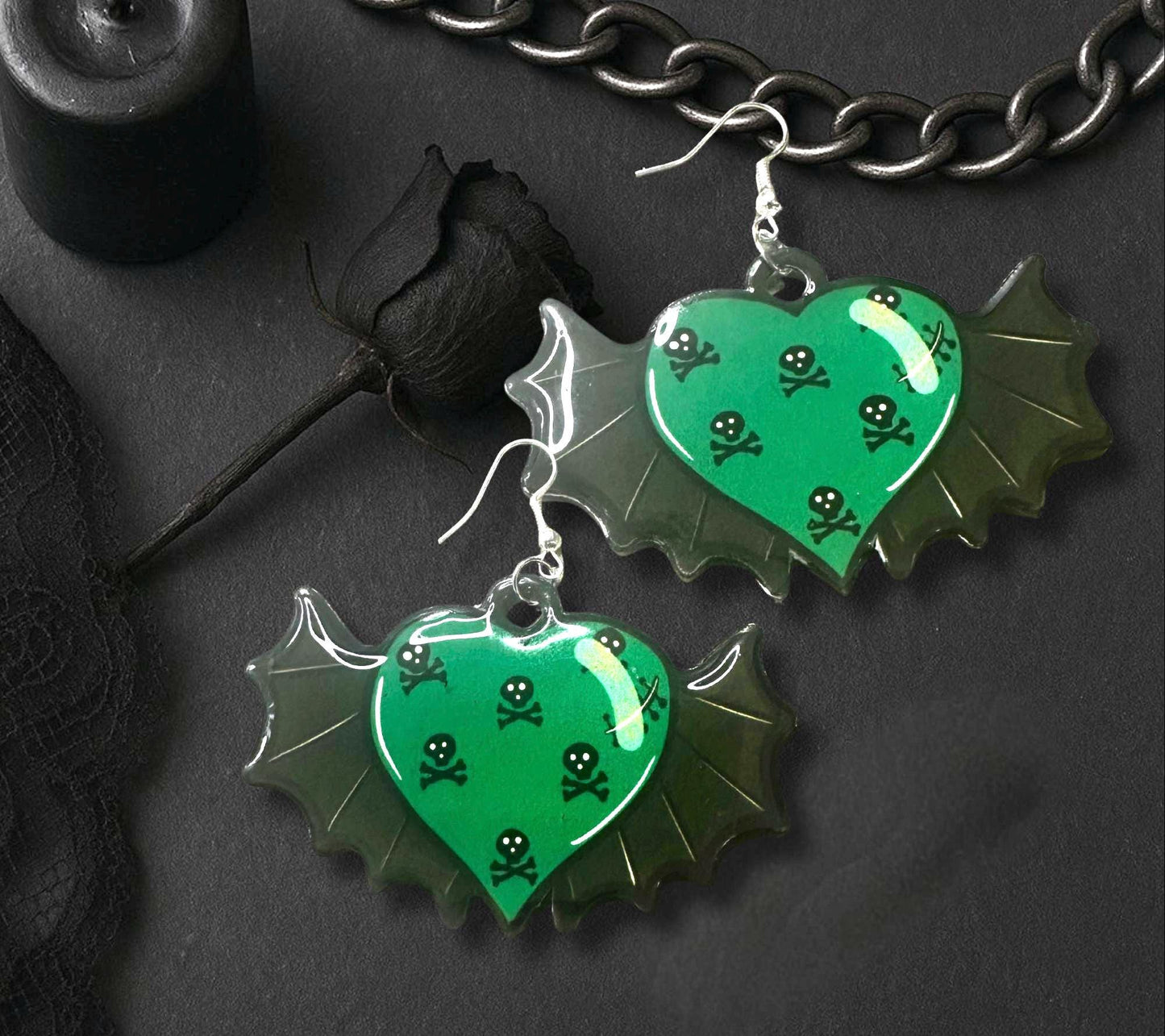 Bat Wing Heart Earrings – Gothic Green Poison Heart Jewelry for Alt & Halloween Lovers