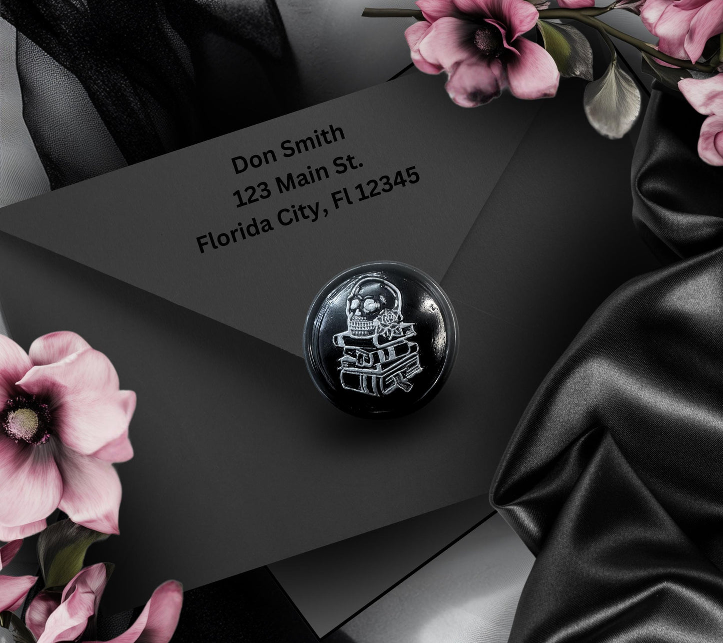 Gothic Skull & Books Wax Seal – Black Adhesive Seal for Wedding Invites, Letters and Journals