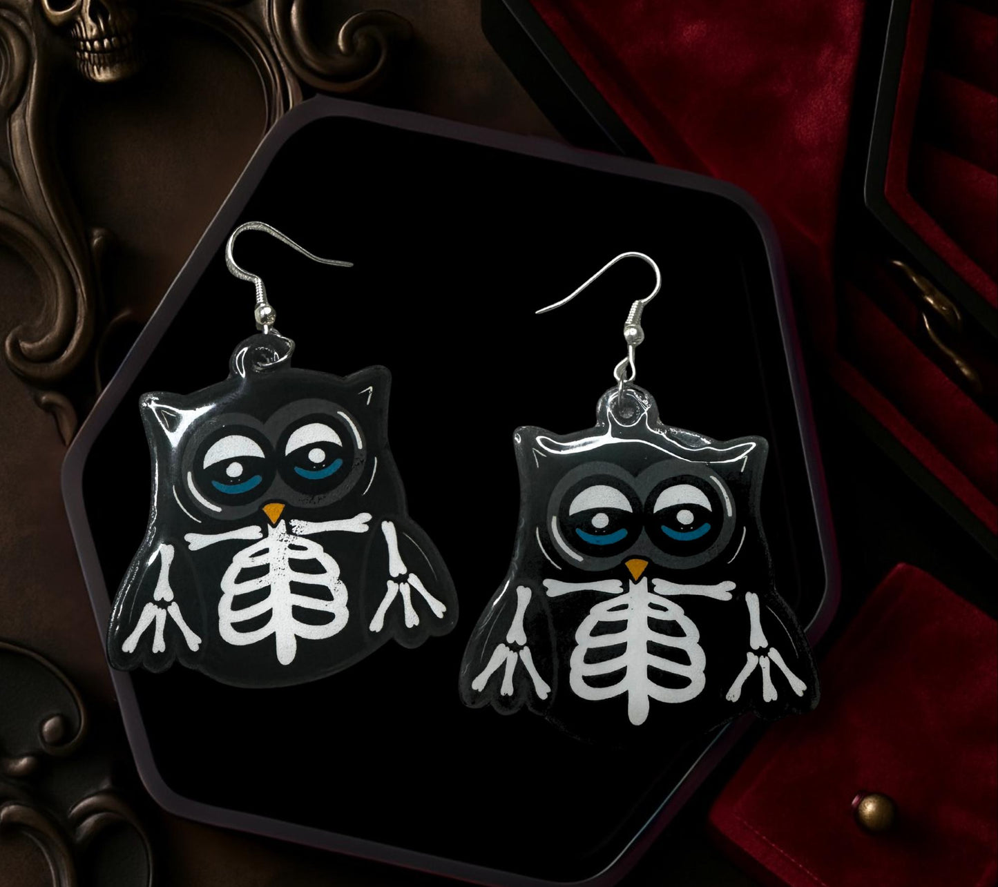 Skeleton Owl Dangle Earrings – Gothic Handmade Jewelry