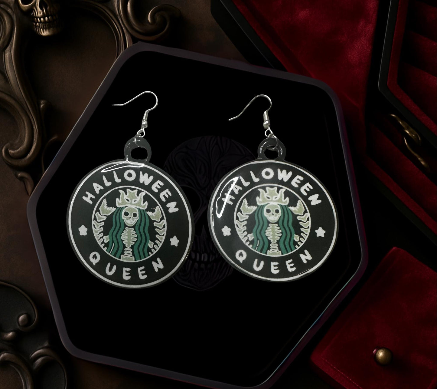 Halloween Queen Earrings – Gothic Skeleton Coffee-Inspired Handmade Dangle Jewelry