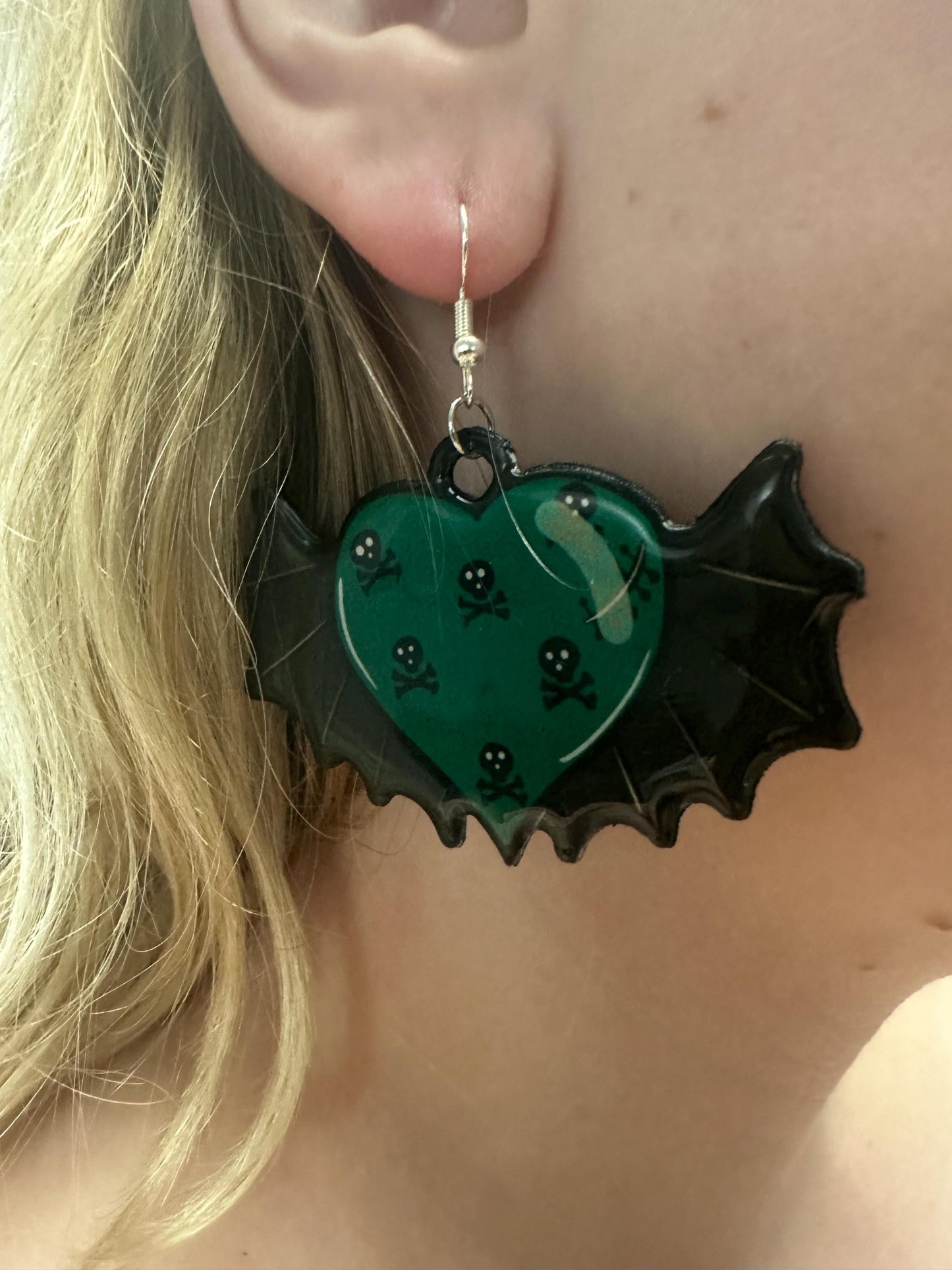 Bat Wing Heart Earrings – Gothic Green Poison Heart Jewelry for Alt & Halloween Lovers