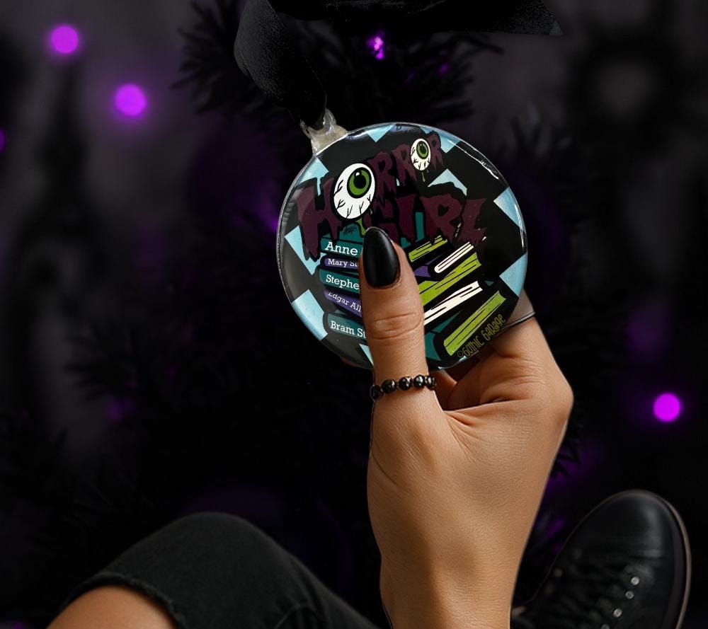 Horror Girl Books Ornament – Gothic Creepy Decor for Horror Fans & Alt Tree Styling