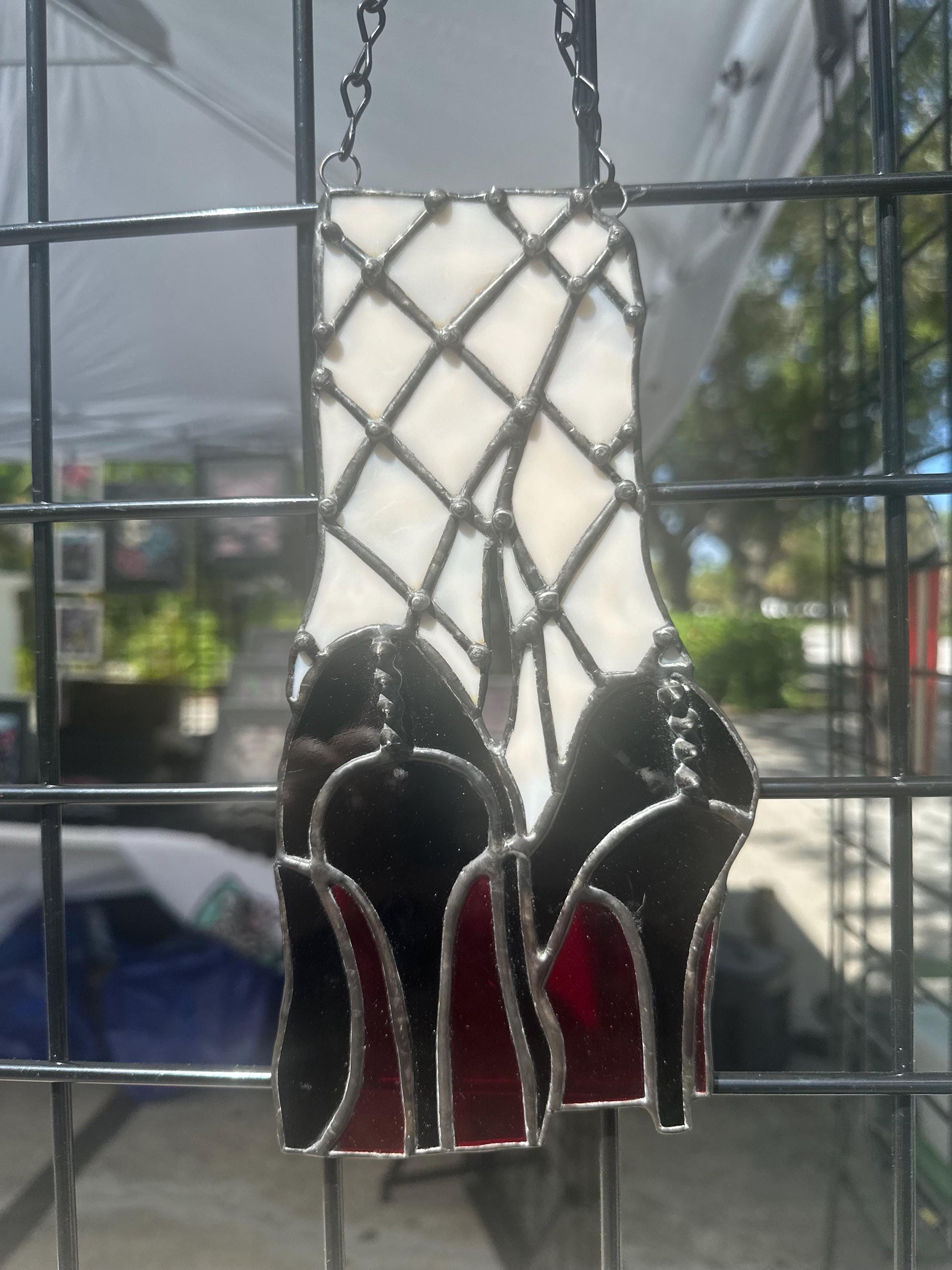 Red Bottom Heels Stained Glass Panel – Gothic Fishnet Legs Art, Punk Glam Suncatcher, Alt Burlesque Window Decor