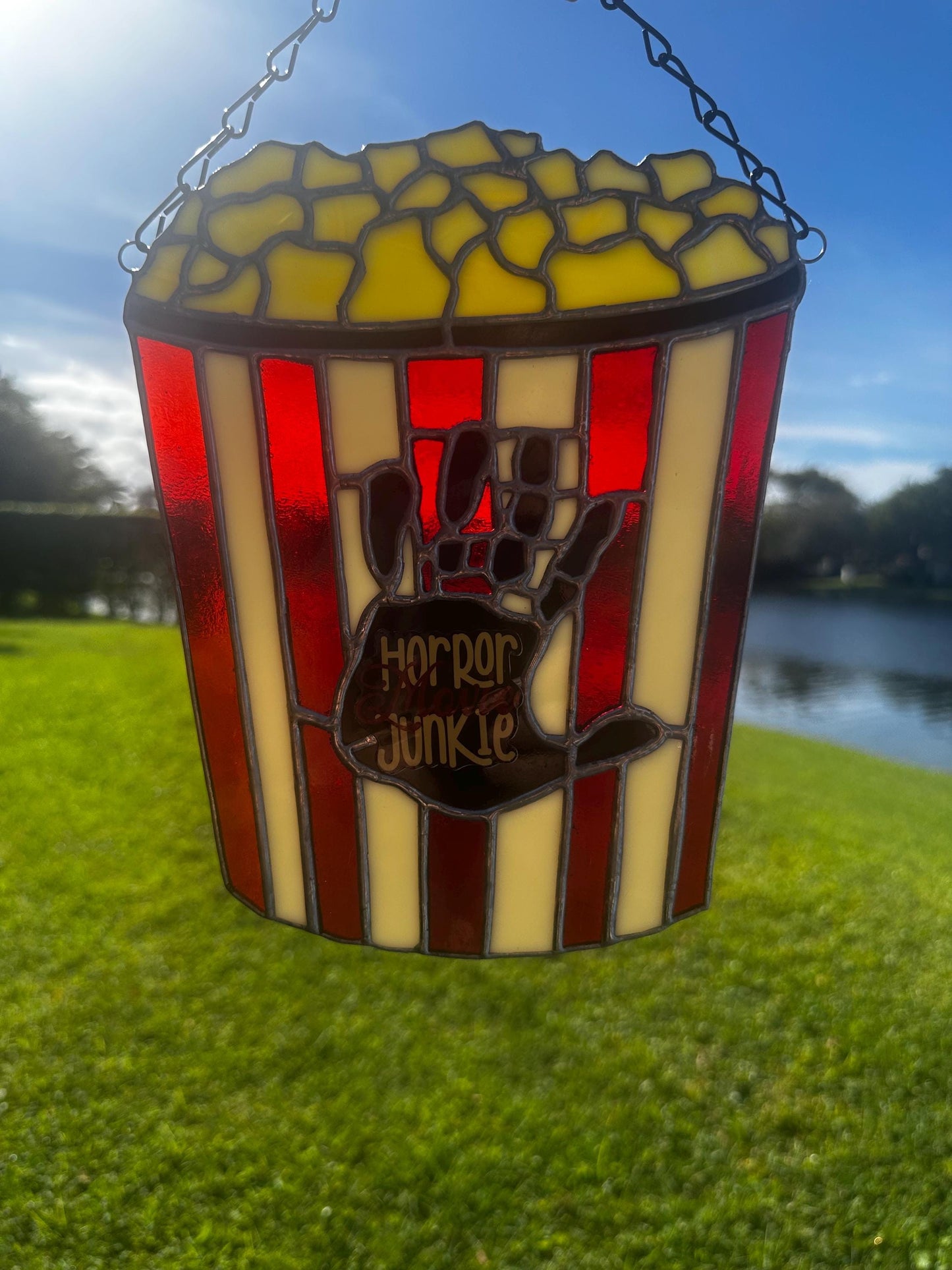 Horror Movie Junkie Stained Glass – Gothic Popcorn Art for Horror Fans & Goth Home Décor