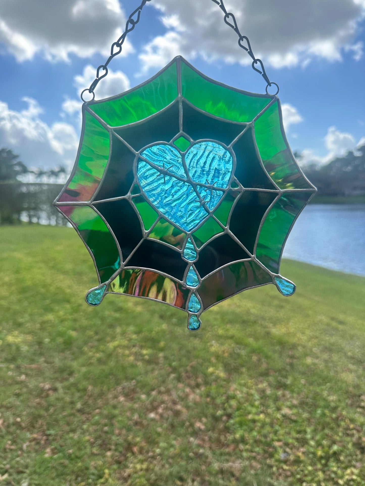 Gothic Stained Glass Spider Web Heart - Dark Decor Sun Catcher