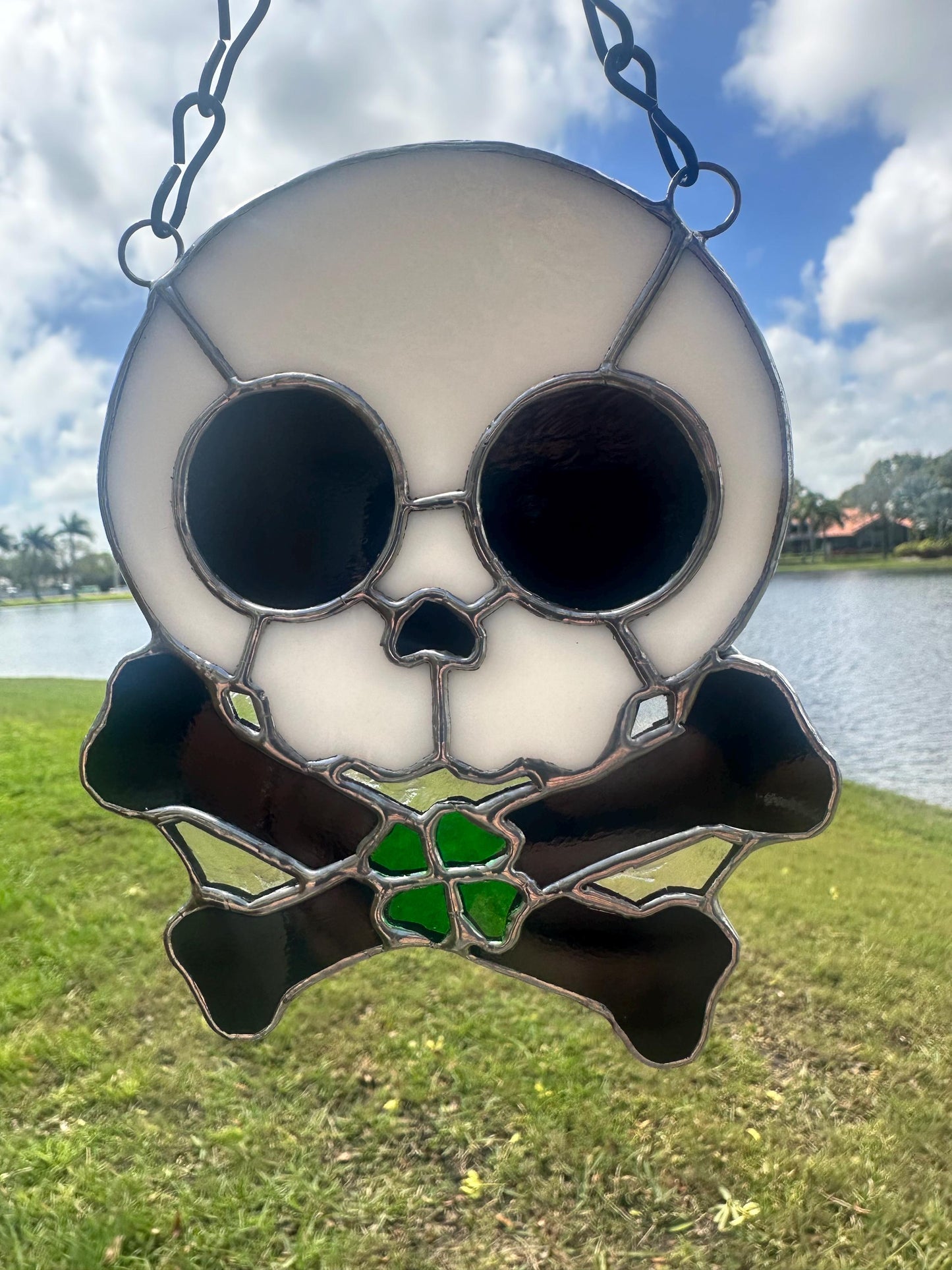 Four Leaf Clover Skull & Crossbones Stained Glass Suncatcher