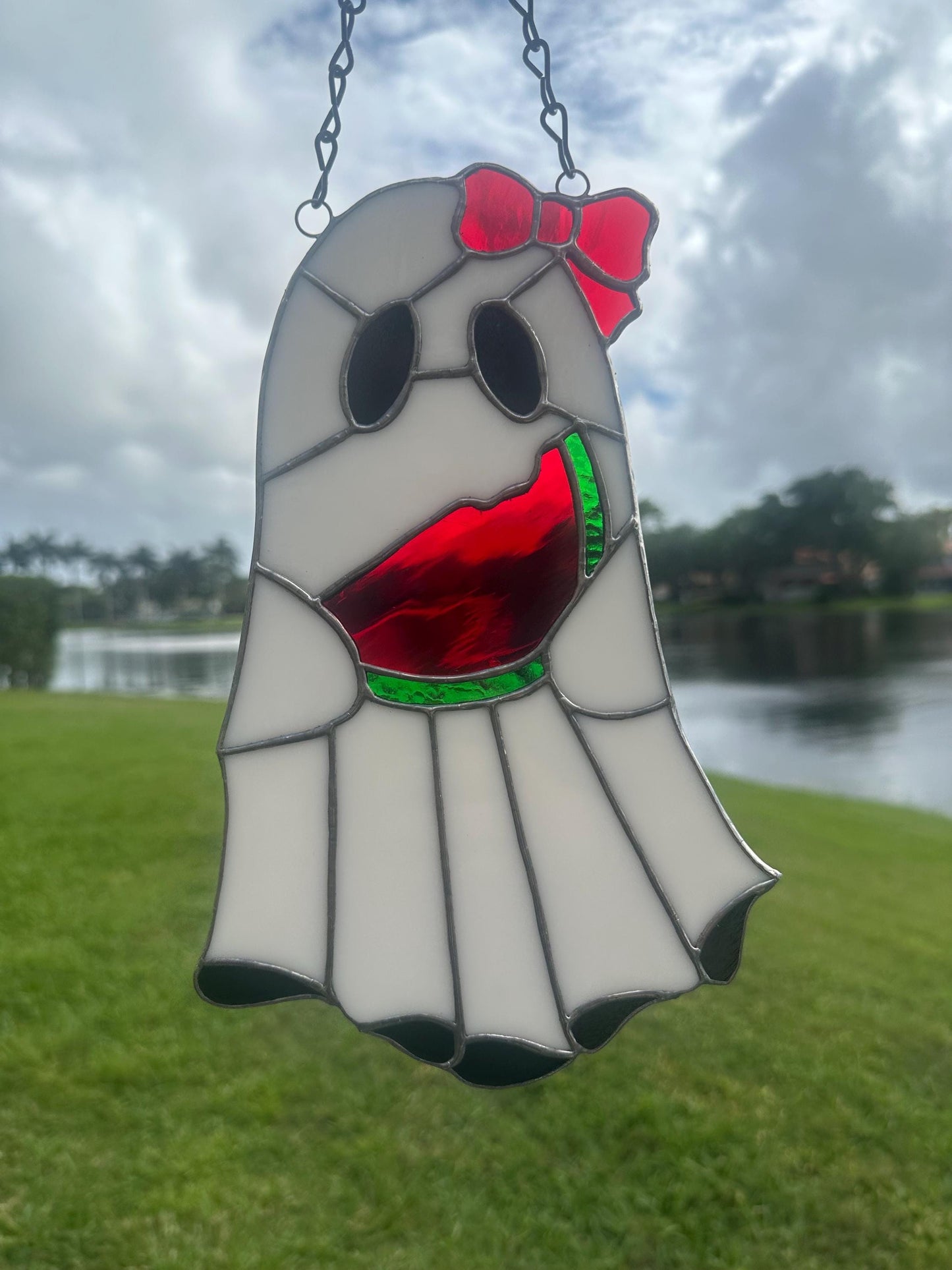Watermelon Ghost Stained Glass Suncatcher – Spooky Summer Window Decor