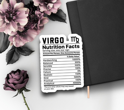 Virgo Zodiac Nutrition Facts Sticker, Waterproof Die Cut Sticker, Choose Between Glossy or Holographic, Perfect to Add Fun to any Surface