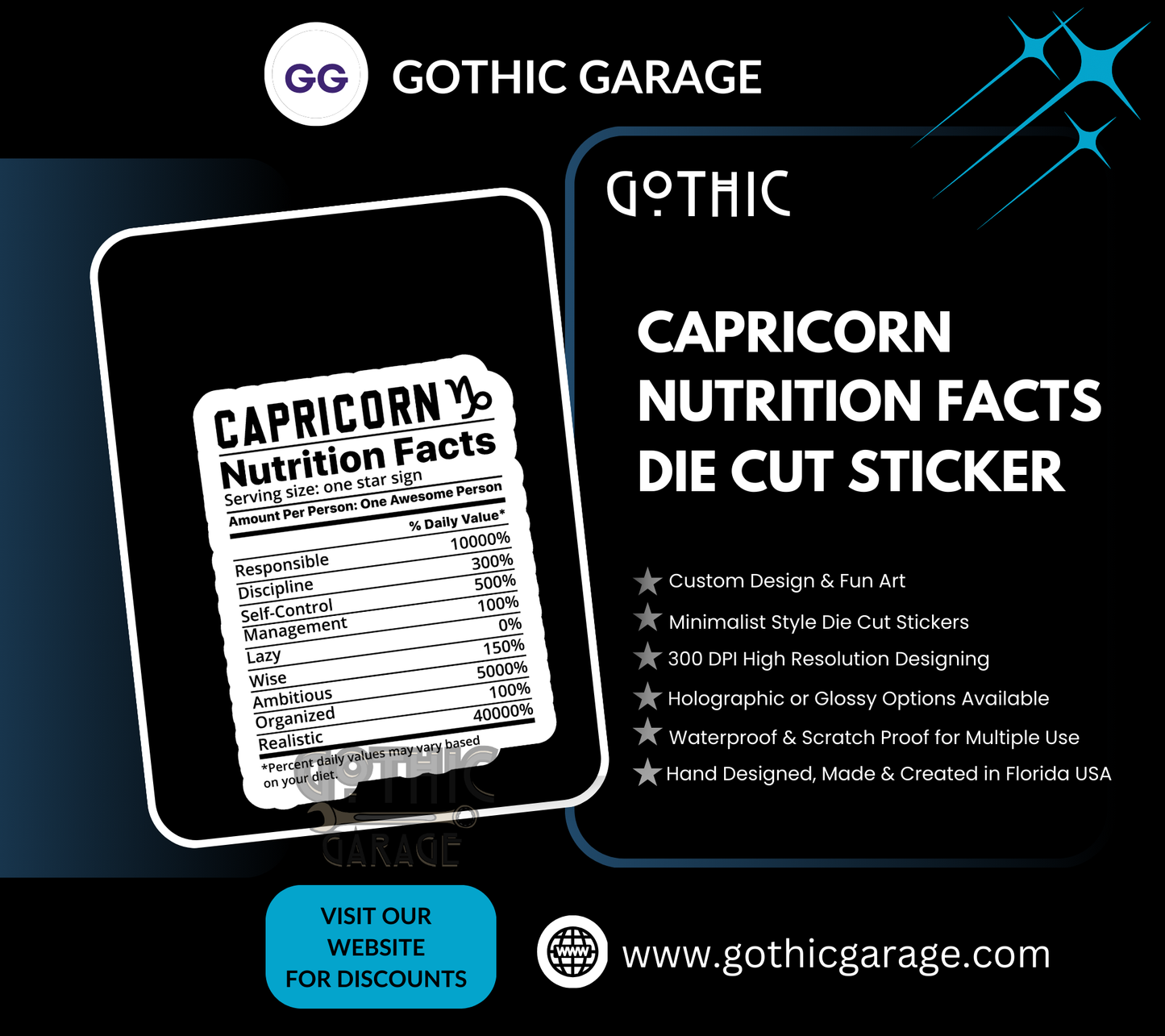 Capricorn Zodiac Nutrition Facts Waterproof Die Cut Sticker, Choose Between Glossy or Holographic, Perfect to Add Fun to any Surface