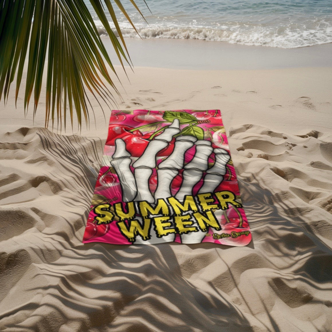Cherry Skeleton Beach Towel 30x60 | Summerween Goth Pool Towel