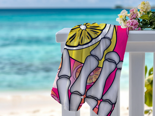 Neon Lemon Skeleton Hand Beach Towel — Summerween Pool Party