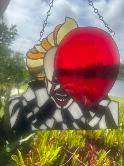 Creepy Clown Stained Glass Suncatcher with Red Balloon | Horror Window Hanging Decor
